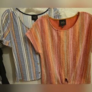 2 W5 Women Short Sleeve Striped Croped Cap Sleeve Tops Corals & Blues Sz Small